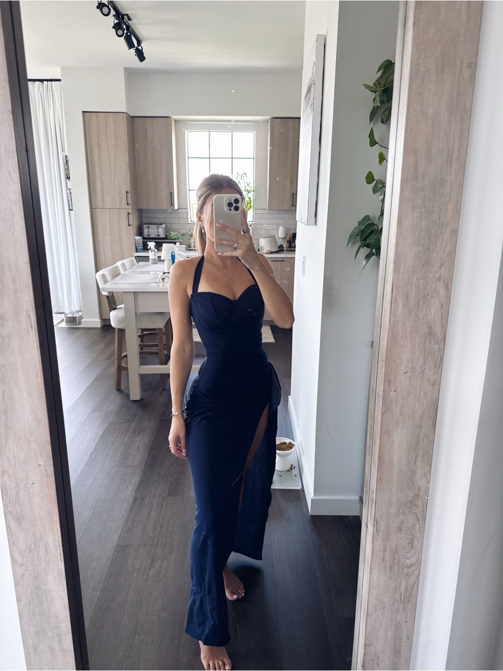 Showler Elegant Navy Halter Maxi Dress with Thigh Slit (Size XS)